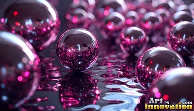 Resting close together on wet ground, shiny pink metal spheres reflect light