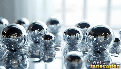 Shiny chrome ball bearings rest on a reflective surface in bright daylight
