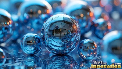 On a reflective surface, shiny chrome spheres catch soft blue and orange light