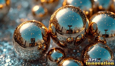 Reflecting blue skies, polished gold spheres rest on rough silver glitter