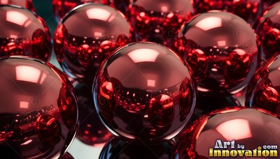 Shiny red metallic spheres grouped together in bright light