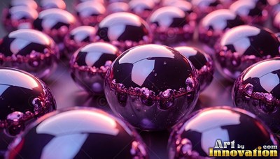 Polished purple metal spheres reflect soft light across a dark surface