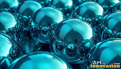Shiny turquoise ball bearings cluster together reflecting bright white highlights