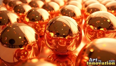Lined up closely in rows, shiny copper metal balls reflect bright light