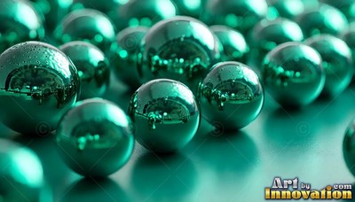 Shiny teal metal ball bearings scatter across a smooth flat surface