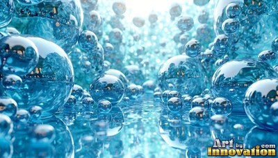 On a bright wet surface, shiny blue glass spheres rest together in sunlight