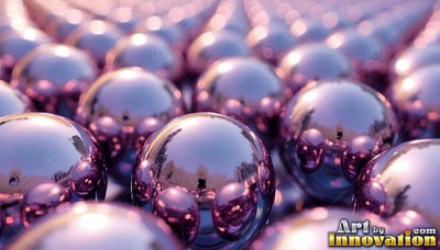 Reflecting soft light, rows of shiny purple metal spheres stretch into the distance