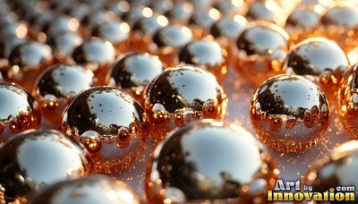 Polished copper spheres arranged in rows in warm sunlight