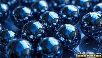 Shiny blue surfaces of steel ball bearings piled closely together under bright light