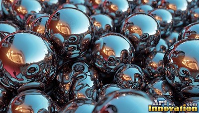 Polished steel balls crowd together, reflecting warm orange and cool blue light