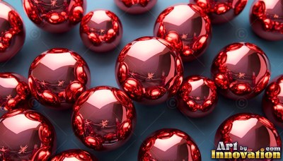 Seen from above on a dark flat surface, shiny red metallic spheres gather together