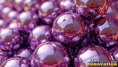 A close pile of shiny purple metal balls reflecting soft light