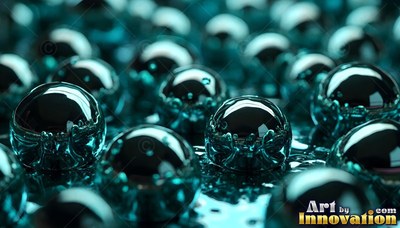 Across a wet surface, polished teal metal spheres sit close together under soft light