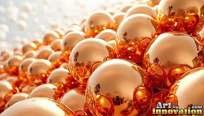 Piling together in bright light, polished copper spheres reflect their surroundings