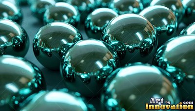 Shiny teal metal spheres grouped closely together under soft light