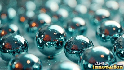 Shiny teal steel ball bearings arranged in neat rows across a flat surface under soft light