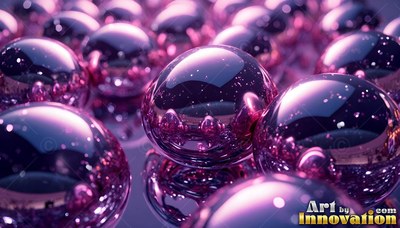 Purple metallic spheres rest together, reflecting soft white highlights across their polished surfaces