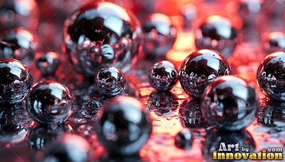 Scattered at close range on a wet surface, shiny steel ball bearings reflect red light