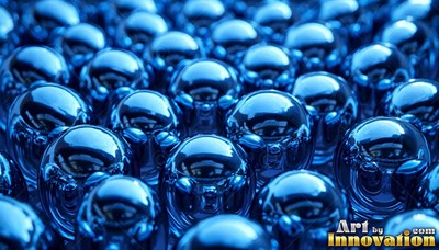 A field of shiny blue metal spheres tightly packed together under cool light