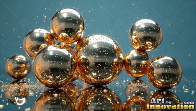 On a blue reflective surface, shiny golden spheres rest surrounded by tiny specks