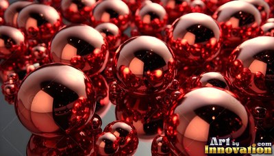Reflecting warm light, polished red metallic spheres gather together on a dark surface