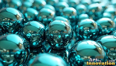 Mirrored teal surfaces cover shiny metal spheres gathered close together in a bright room