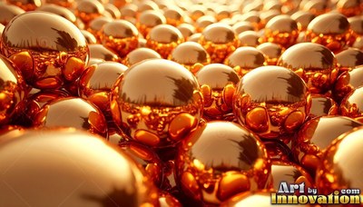 Copper metal spheres pile together while reflecting bright warm light