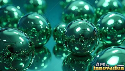 Sitting close on a reflective surface, shiny green metal spheres