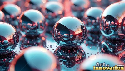 Shiny steel ball bearings rest together under pink and blue light