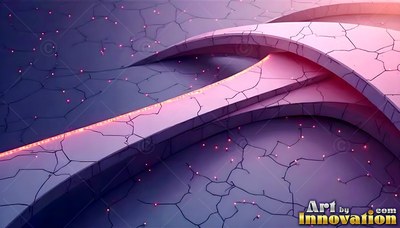 On a dark purple cracked plane, curved pink arches rise in soft light