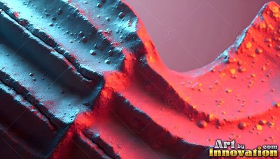 Lit in red and blue, a rough ridged stone surface slopes across a dim space