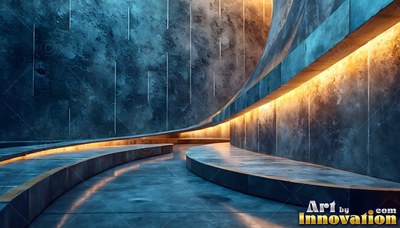 Curved stone walls lit from underneath by warm yellow light along a dim walkway