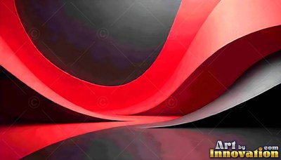 Curved red ribbons sweep across a black backdrop with soft highlights along the folds