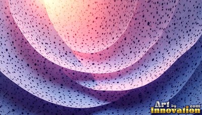 Curving downward in layers, speckled pink and blue paper sheets cup warm light