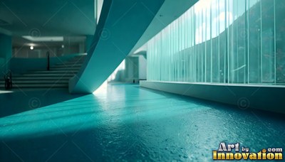 Sunlight shines across the turquoise floor of a modern building with stairs