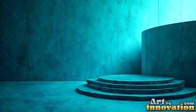 In an empty teal room, a round stone stage sits by a curved wall