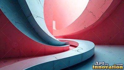 Curving through a pink room, smooth white concrete ramps wind into a circular form