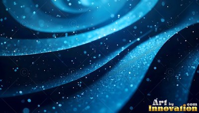 Curving blue ribbons sweep inward, covered with bright speckles of dust