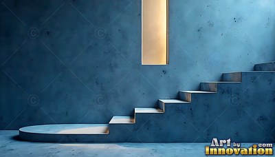 Seen from the side in a blue room, concrete stairs rise under a small window
