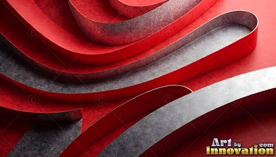 Curving ribbons of textured gray metal and red paper bend across each other