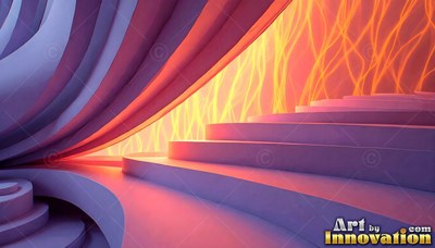 On curved purple steps, bright yellow streaks rise behind folded sheets