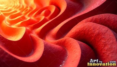 Curving red and yellow folds spiral toward warm light
