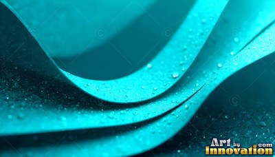 Small water droplets cover smooth cyan paper ribbons curving across a dark surface