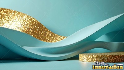 Curving light blue paper ribbons sweep across sparkling gold glitter surfaces