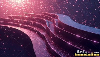 Slanted from the side, purple steps rise under pink sparkles