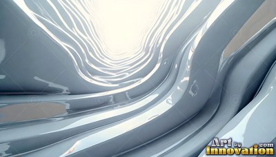 Glossy pale blue waves curve inward like a tunnel toward bright light