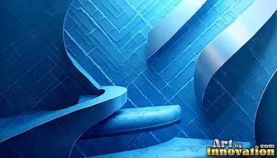 In a bright blue room, curved metal ribbons wind past textured walls