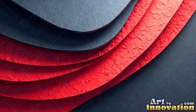 Layered curved sheets of textured red and black paper