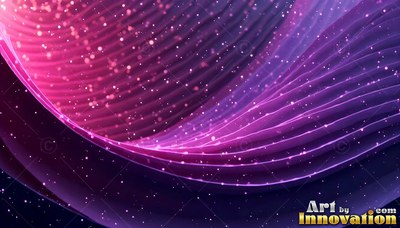 Curving pink edges define sweeping purple waves drifting under bright specks of light