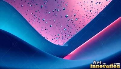Curved blue ribbons fold beneath clear water drops scattered on a pink surface